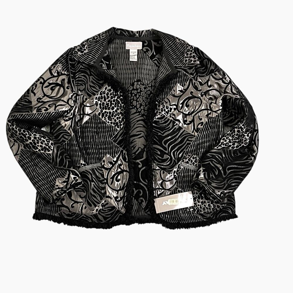TanJay Womens Jacket 14 Shimmer Animal Print Open Front Fringe Elegant Glam